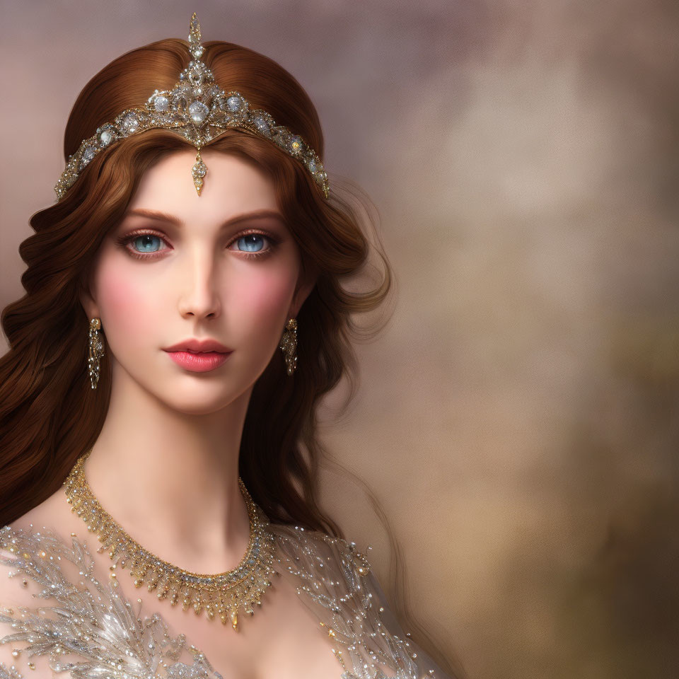 Portrait of woman with blue eyes, golden tiara, elegant jewelry, and hairstyle on blurred background