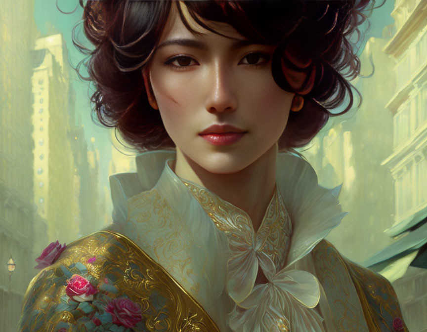 Digital Portrait of Woman in Traditional Attire with Short Wavy Hair