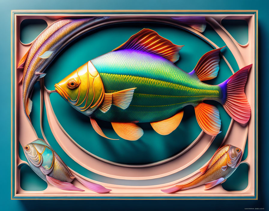 Colorful digital artwork featuring three stylized fish against abstract background