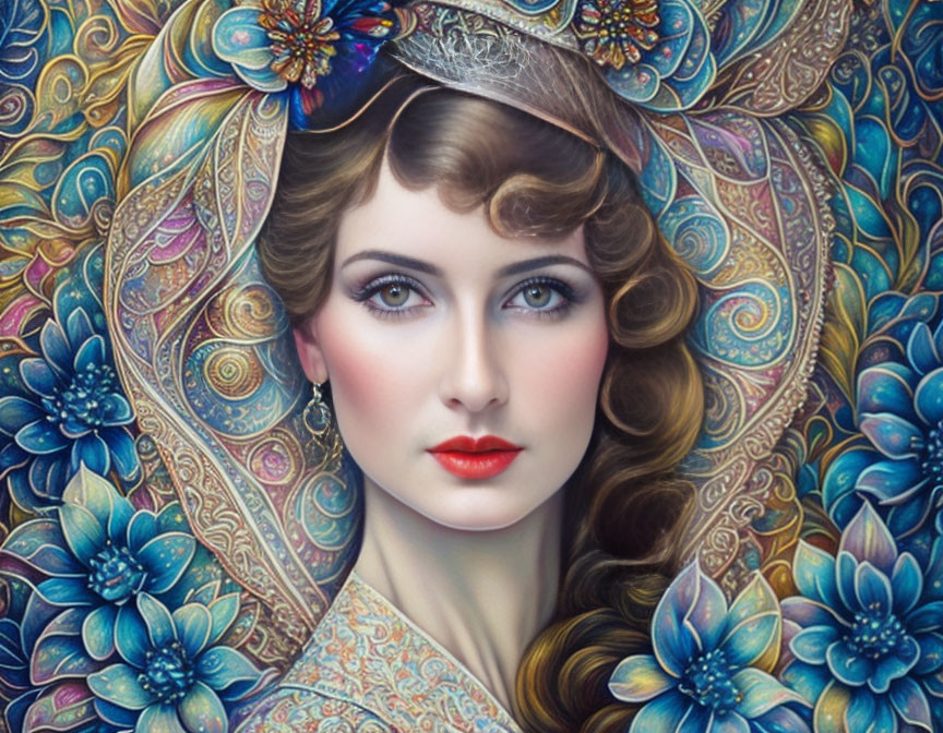 Vintage Styled Woman Portrait with Red Lips and Headpiece Against Ornate Floral Background