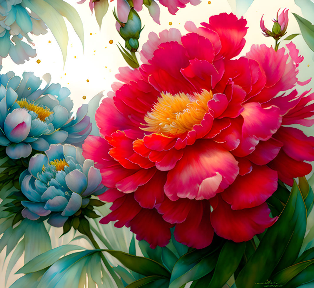 Vibrant red and pink peony flowers on pastel background