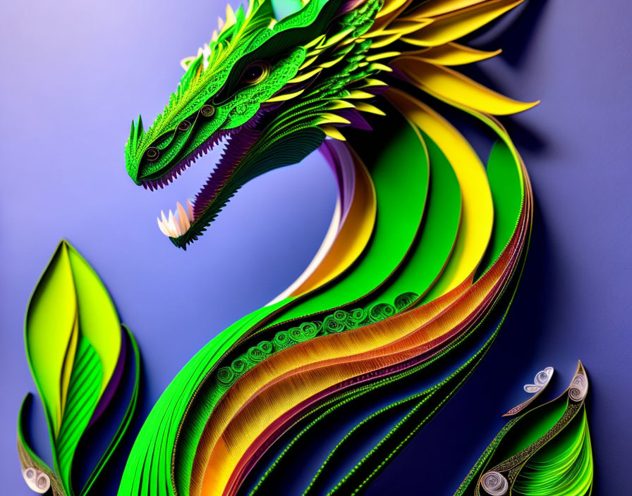 Colorful Paper Quilling Art: Green Dragon with Yellow Accents on Blue Background