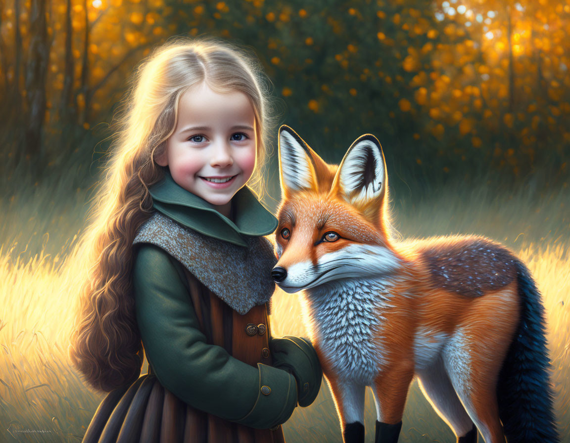 Young girl in green coat with fox in autumn forest.