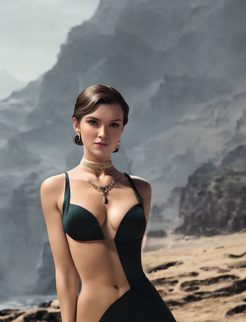 Woman in dark swimsuit poses elegantly against barren mountain backdrop