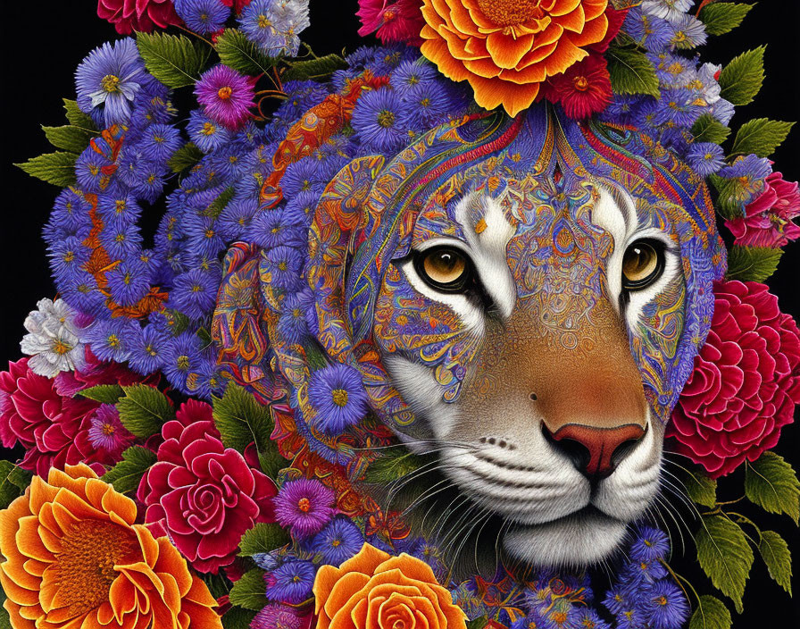 Colorful Lion Face Artwork with Floral Patterns on Black Background