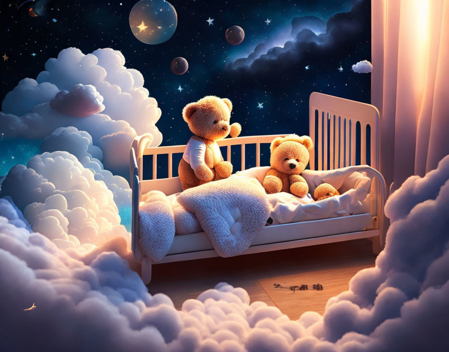 Two Teddy Bears on Crib Floating in Starry Night Sky