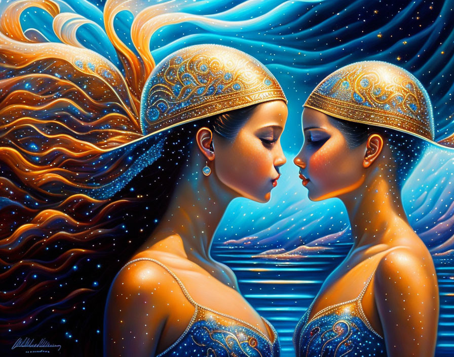 Two Women in Ornate Headpieces and Blue Attire Touch Foreheads in Cosmic Setting