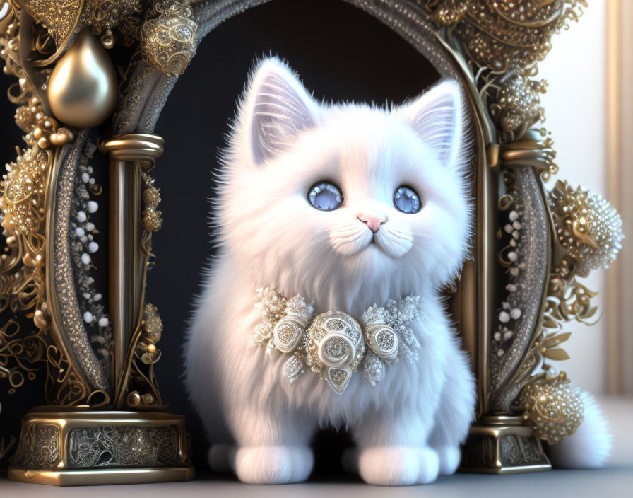 Fluffy white kitten with blue eyes and ornate collar near baroque-style mirror