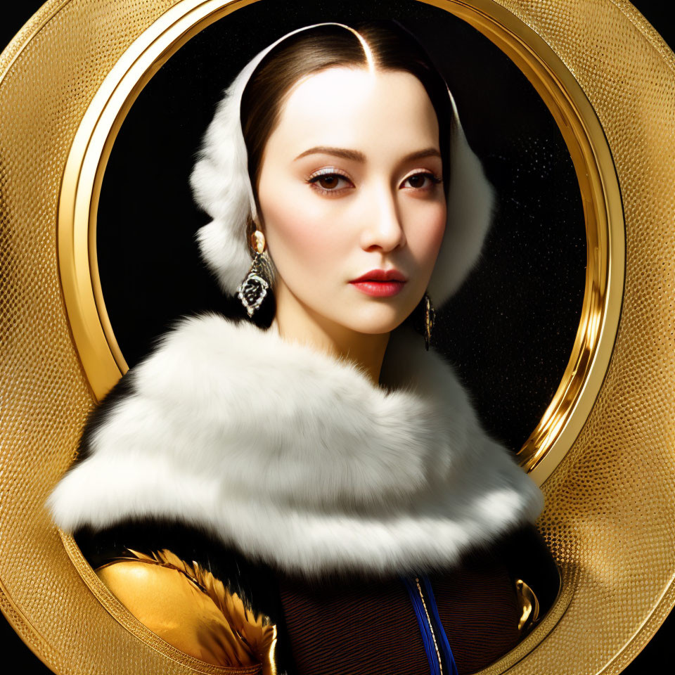 Portrait of woman in white fur collar, gold and black attire, with circular golden frame.