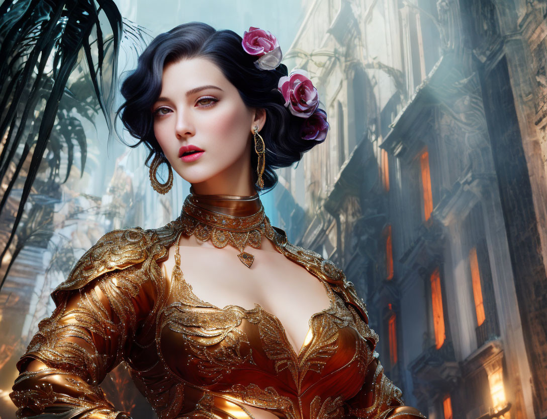 Dark-Haired Woman in Golden Dress with Flower Adornments and City Backdrop