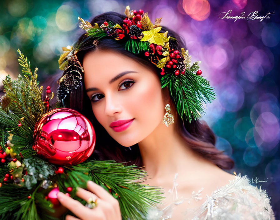 Festive woman with wreath headband holding Christmas ornament on bokeh background