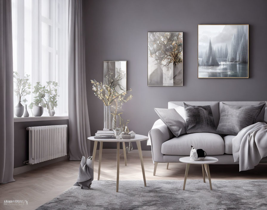 Modern Living Room with Gray Sofa, Matching Walls, Round Tables, Plants, and Landscape Paintings