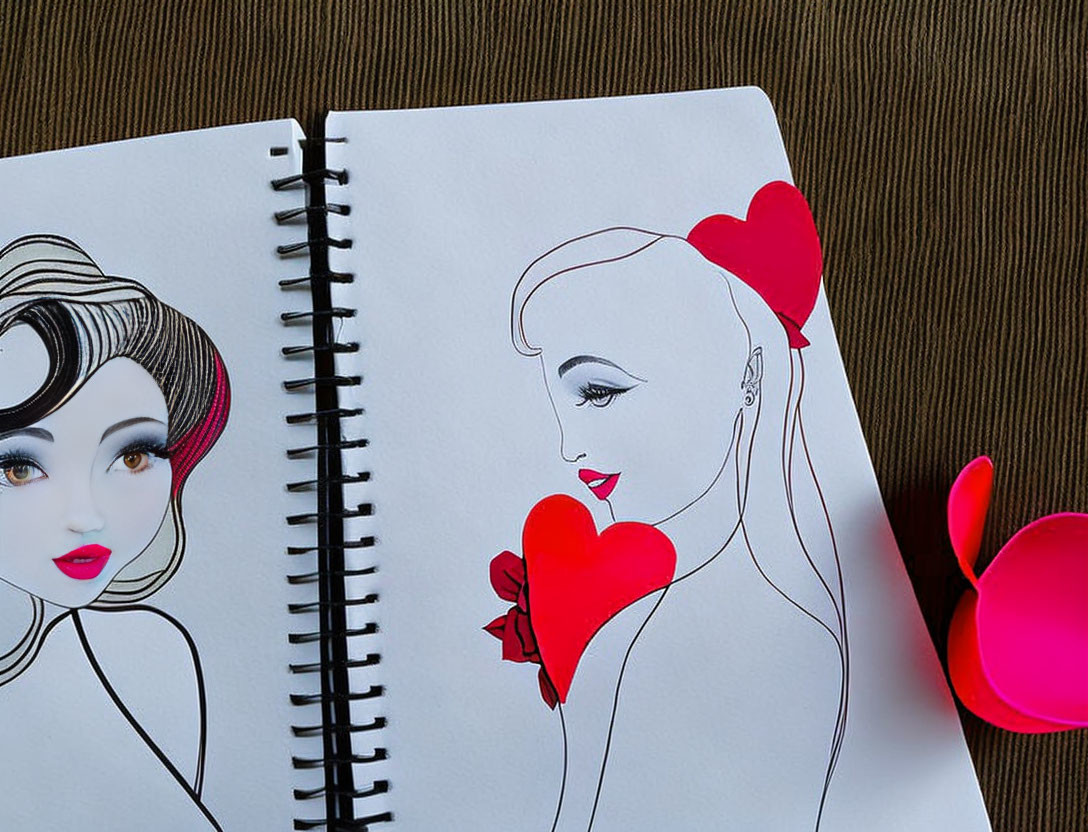 Sketchbook: Two Drawings of Women with Red Accents on Brown Textured Background