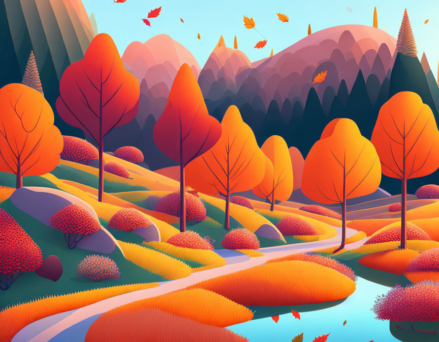 Colorful autumn forest with winding path and hills under soft sky