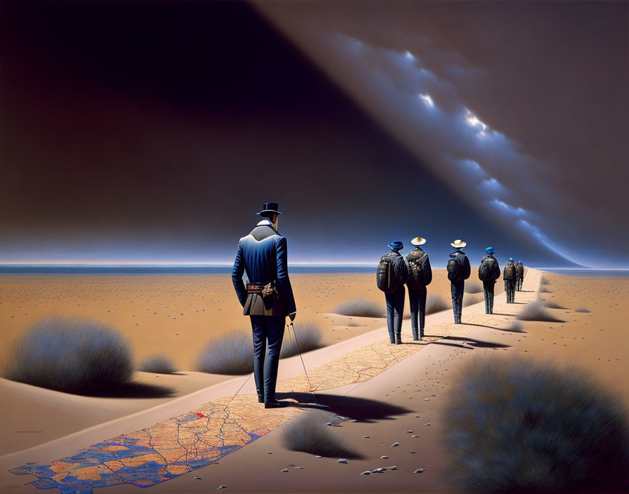 Surreal artwork: Men in suits with bowler hats in desert landscape.