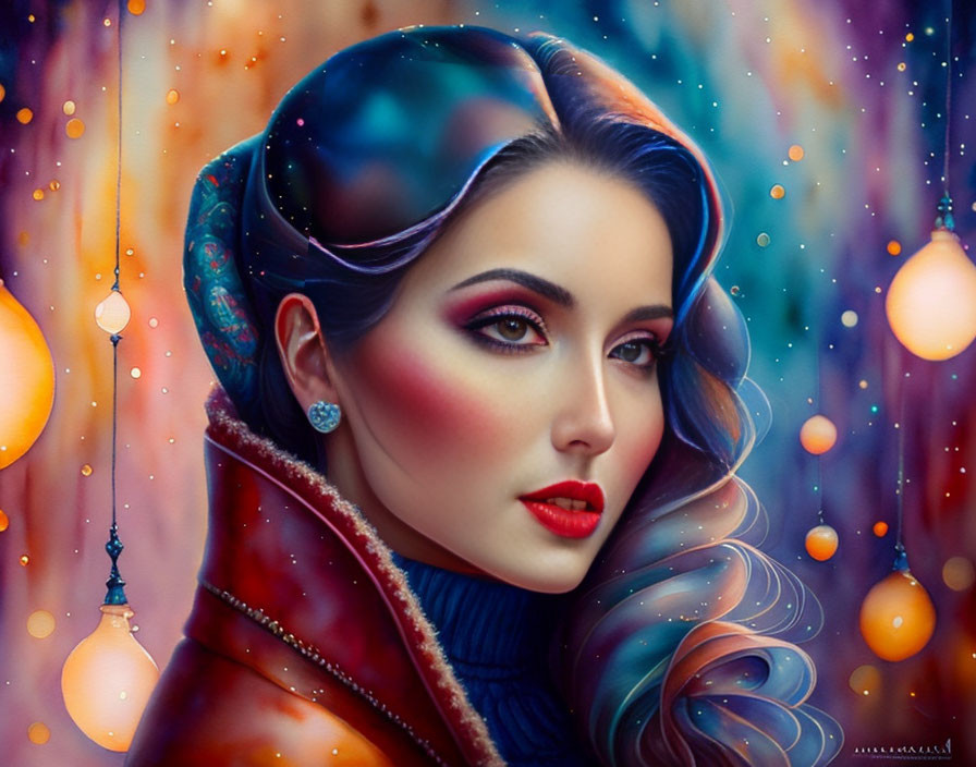 Vibrant makeup woman in digital art against colorful backdrop