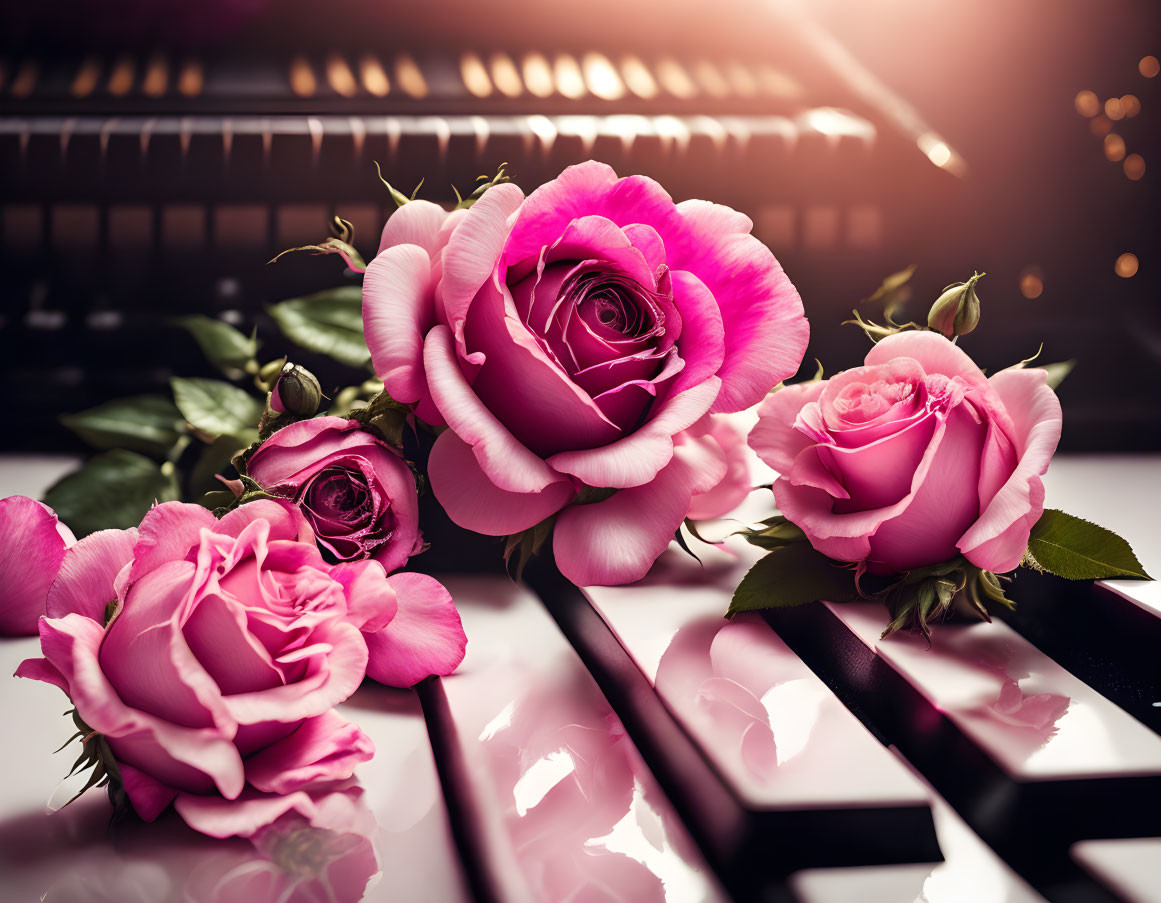 Pink roses on piano keys with bokeh light background - romantic and artistic theme