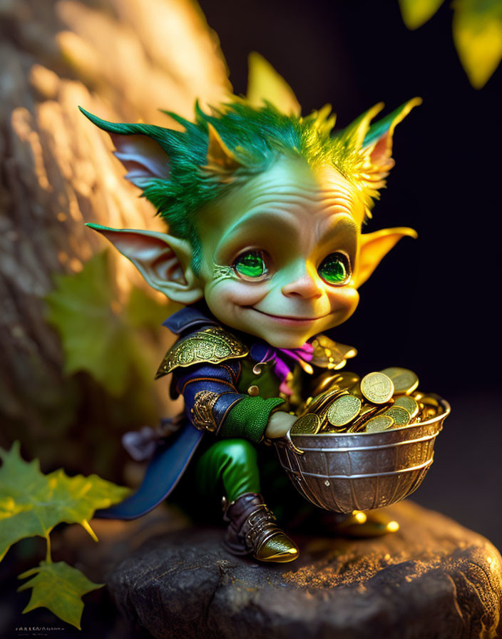 Colorful whimsical creature with green hair holding coins in medieval attire.