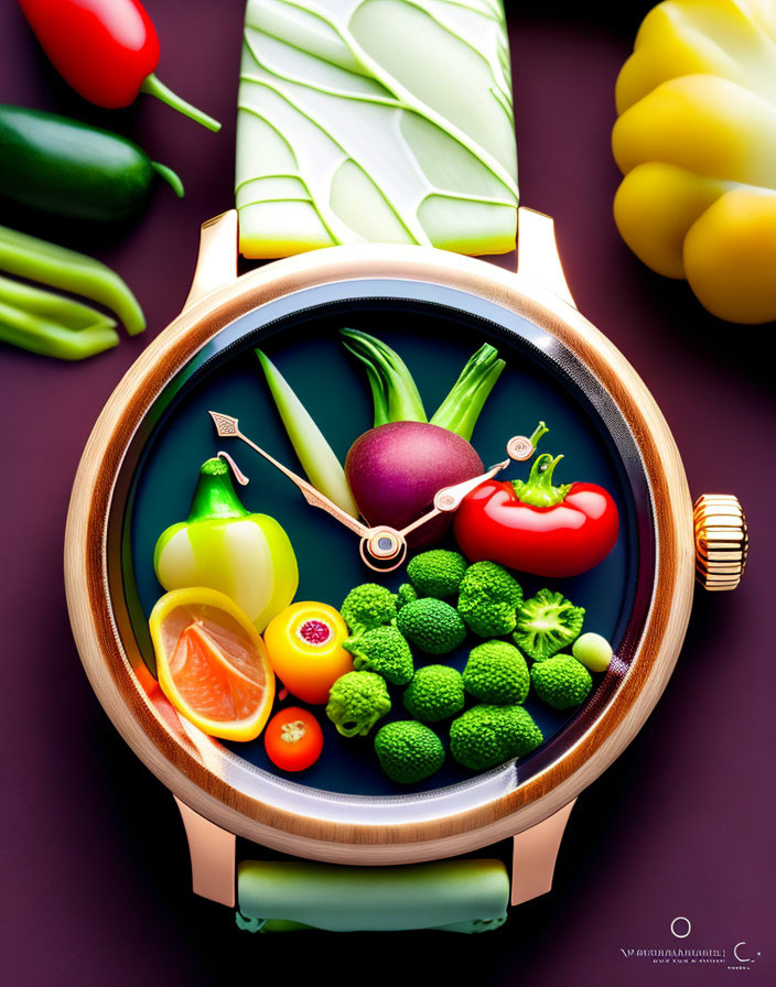 Colorful Vegetable Display on Wristwatch Against Purple Background