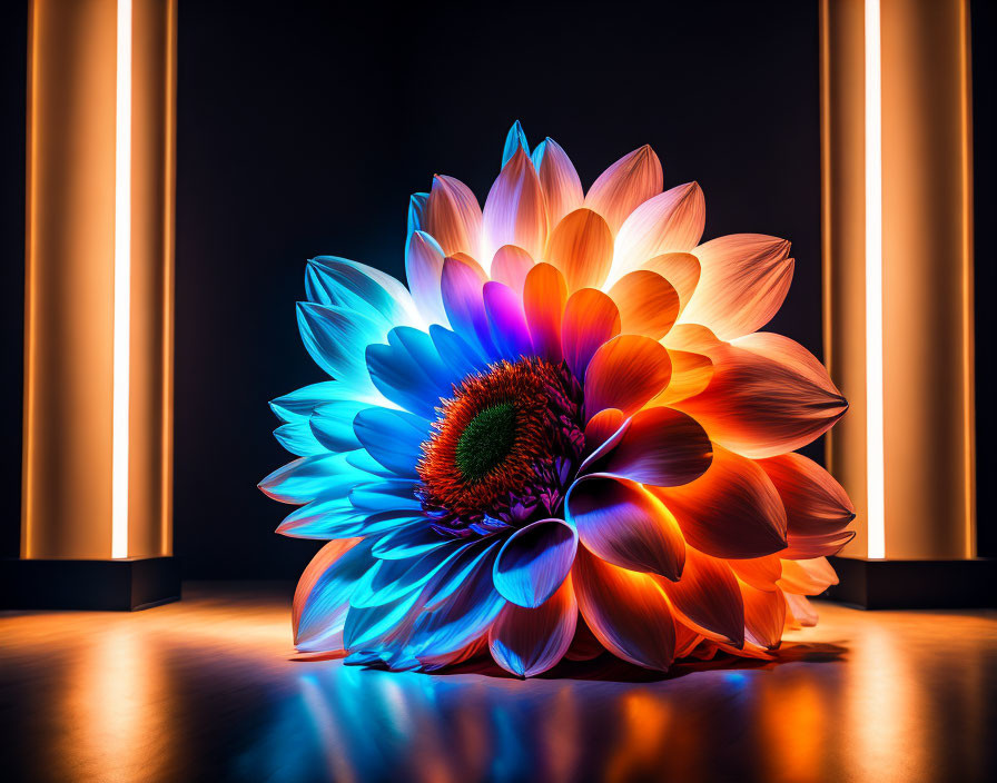 Vivid Blue and Orange Flower Against Dark Background