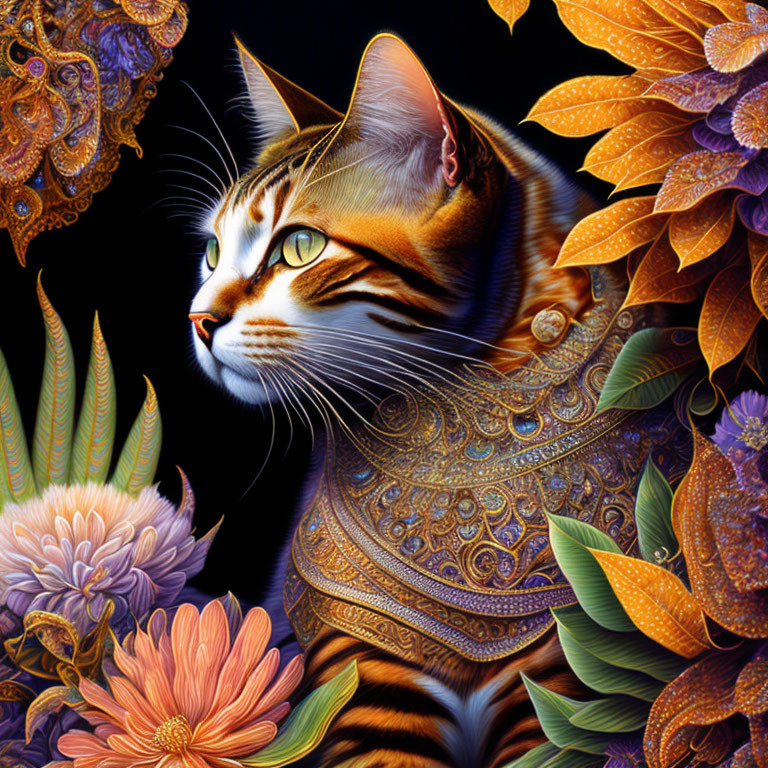 Tabby cat in ornate armor surrounded by vibrant flowers on dark background