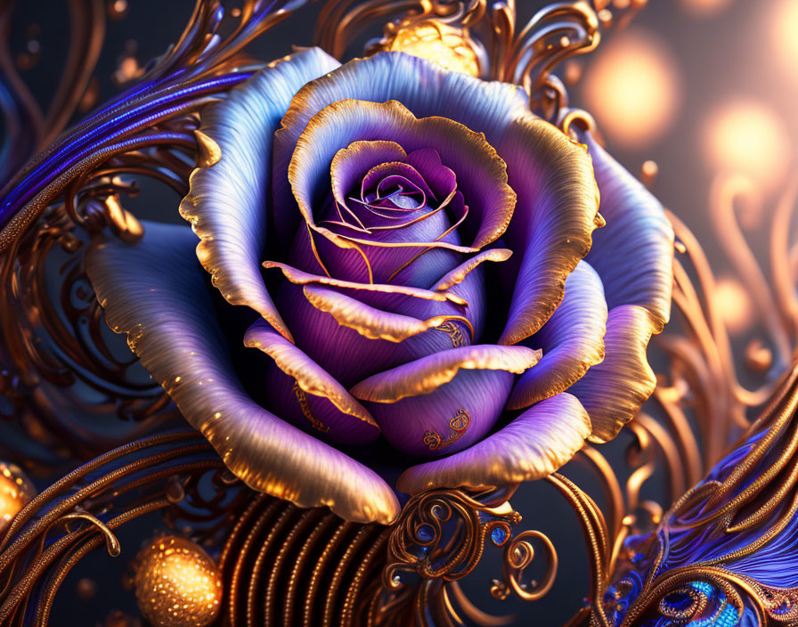 Intricate Purple and Gold Rose with Metallic Texture and Abstract Designs