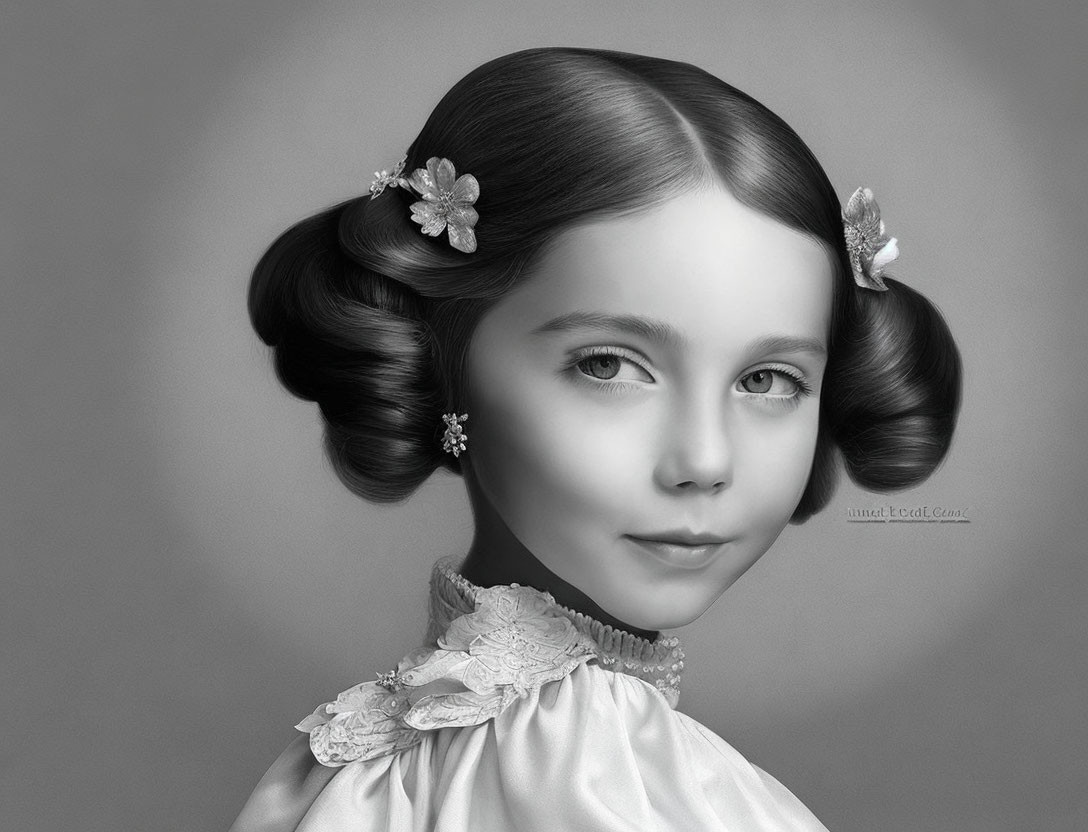 Monochrome portrait of young girl with curled hair and floral adornments in vintage dress