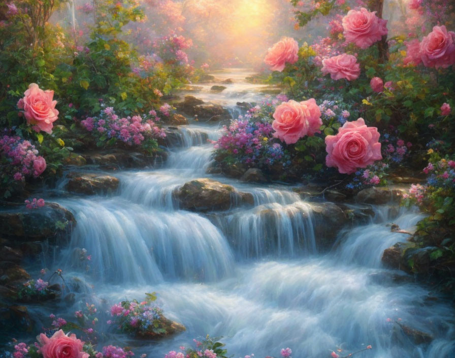 Tranquil stream painting with greenery and pink roses