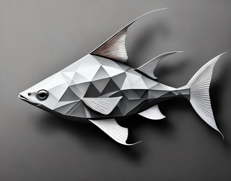 Geometric grey fish art on dark background