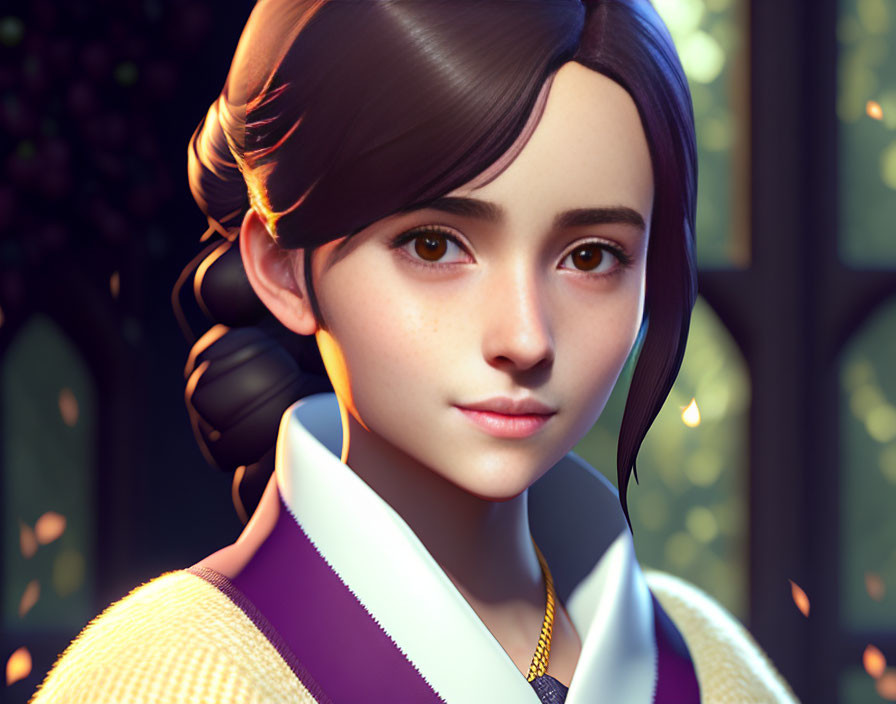 3D rendering of young female character in yellow sweater with expressive eyes