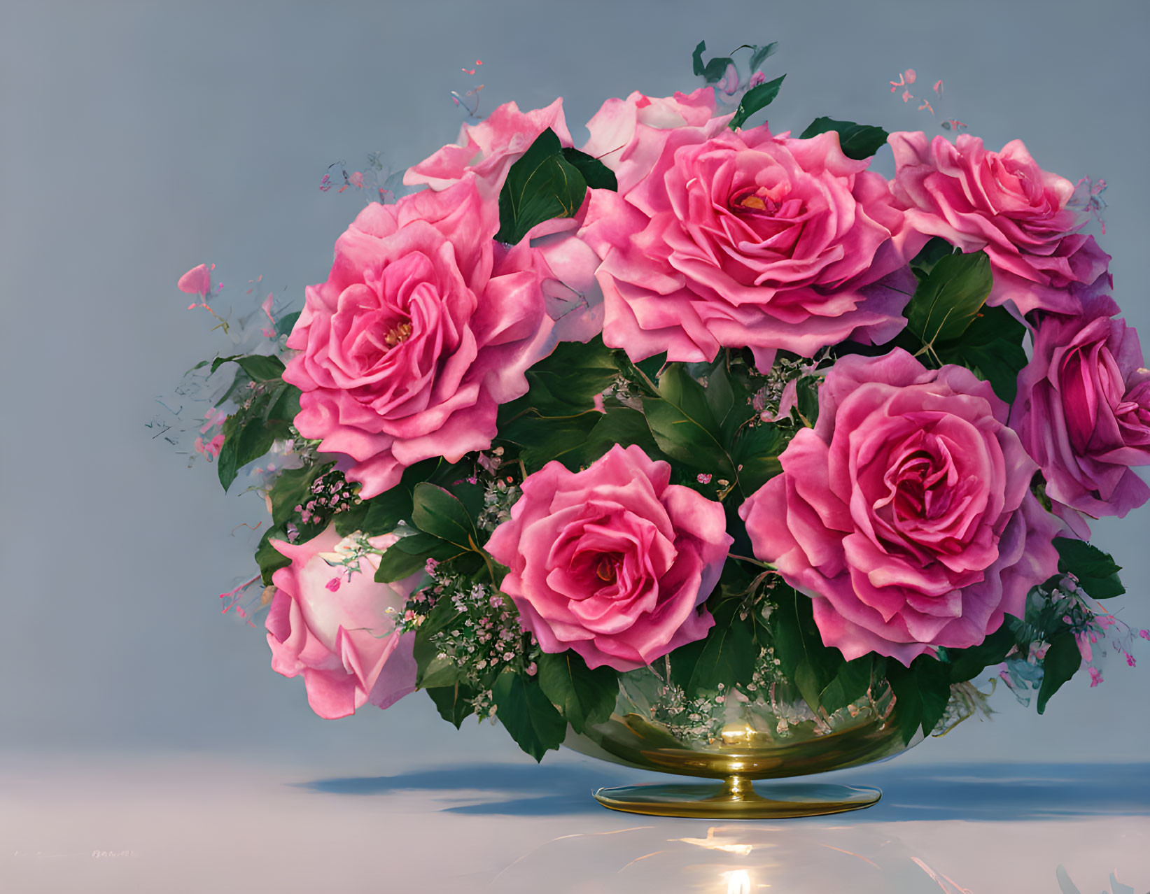 Pink roses and white flowers in golden bowl on blue background