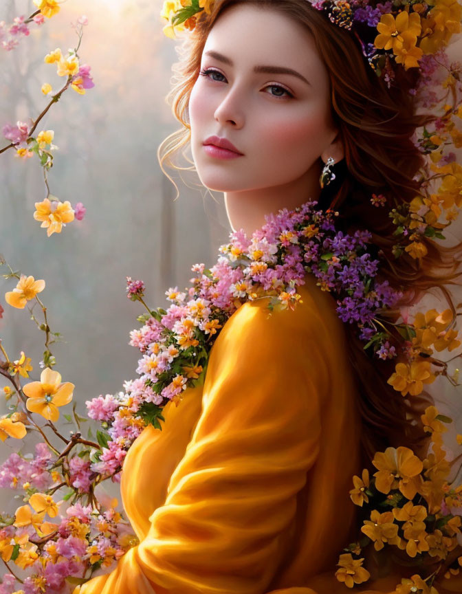 Woman in Floral Crown and Golden Dress Among Vibrant Flowers