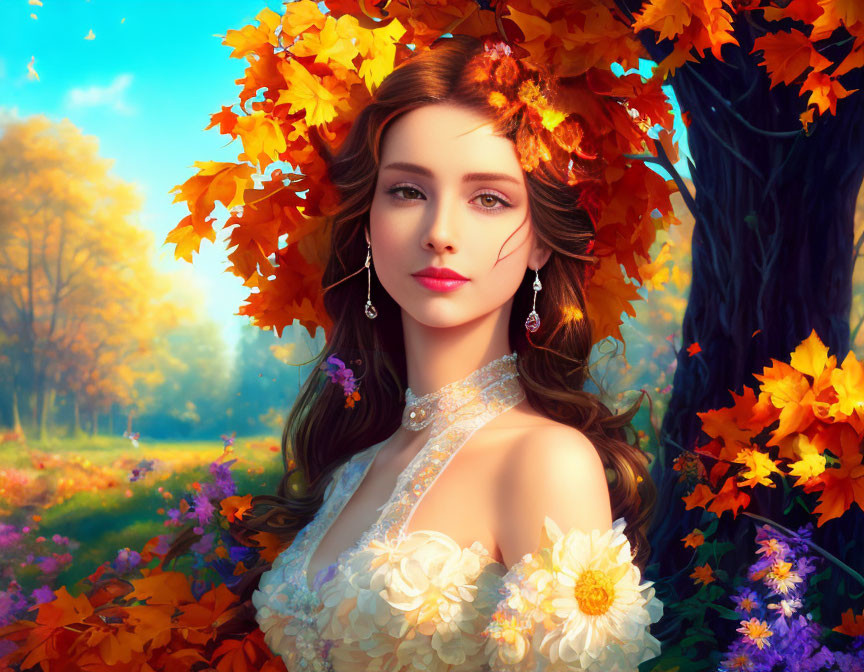 Digital illustration: Woman with autumn leaves in hair in vibrant fall landscape.