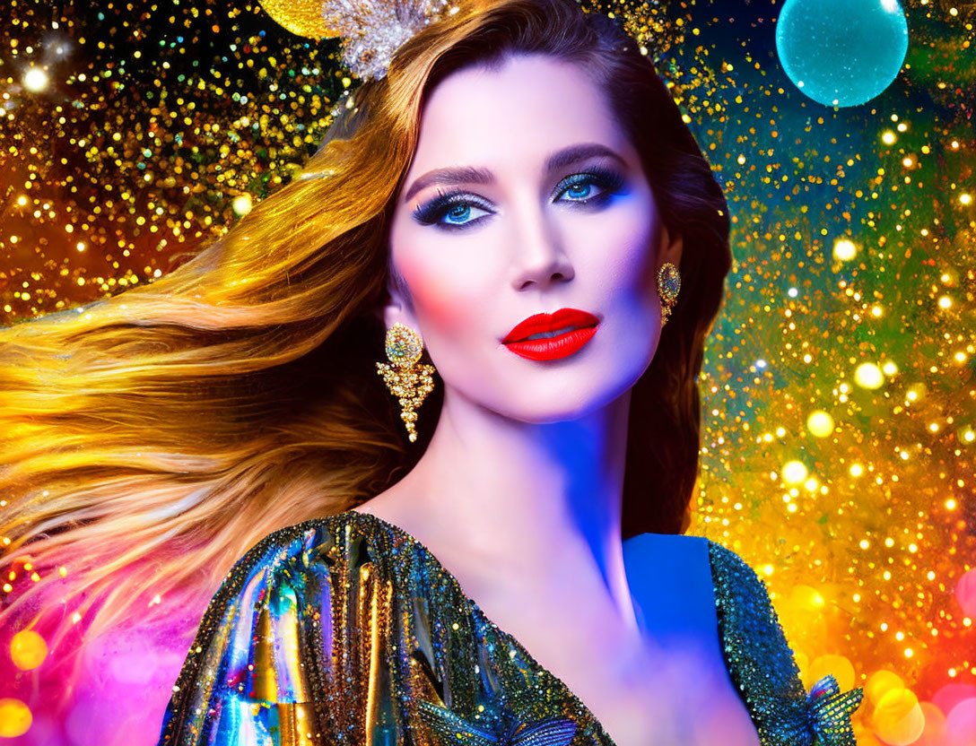 Glamorous woman with striking makeup in colorful backdrop