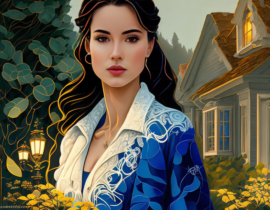 Dark-haired woman in blue jacket against stylized house and garden at dusk