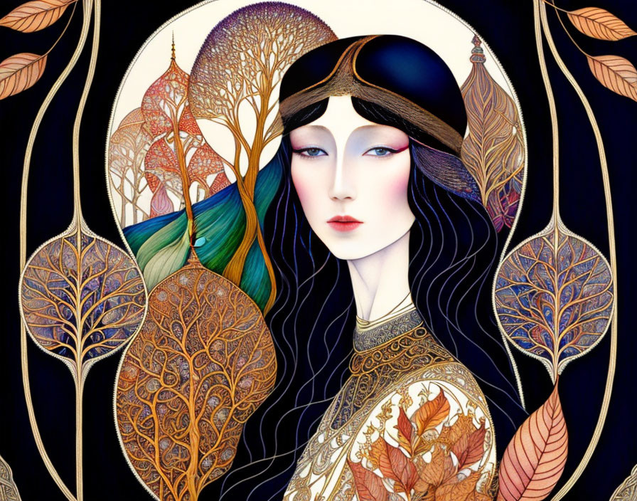 Stylized woman with blue-black hair among colorful trees in circular border