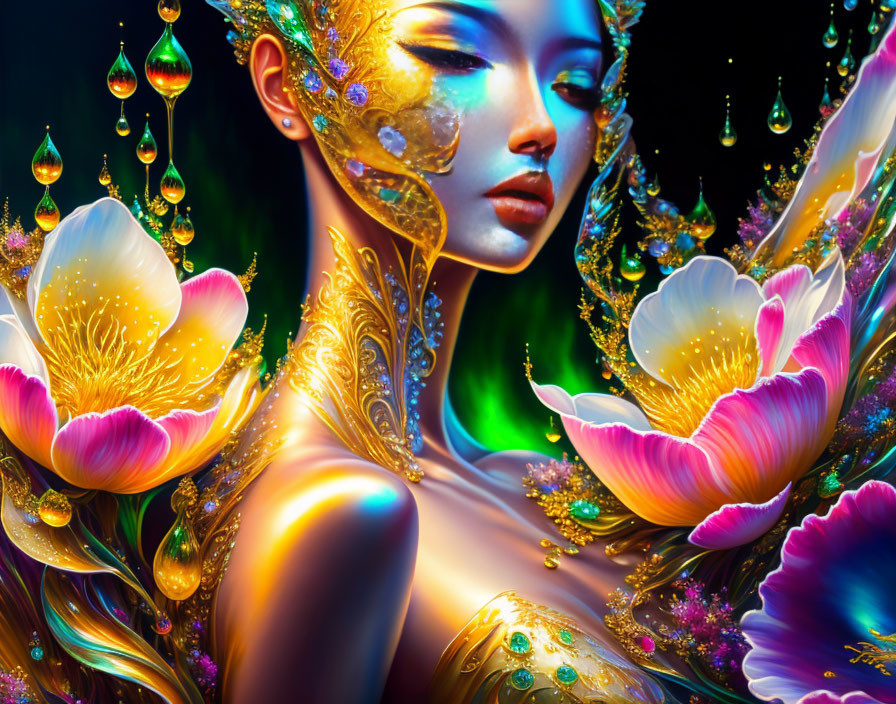 Vibrant digital artwork: Woman with gold details, lotus flowers