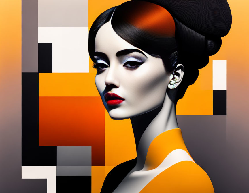 Stylized portrait of woman with bold makeup and graphic orange & black design