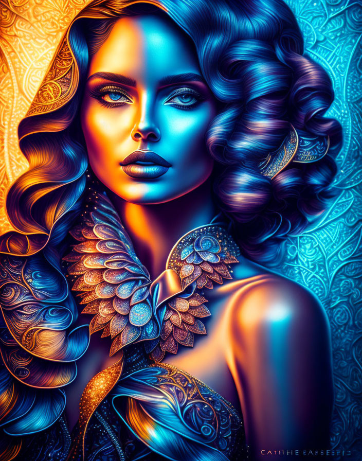 Colorful digital artwork: Woman with wavy hair and winged neckpiece in blues and oranges