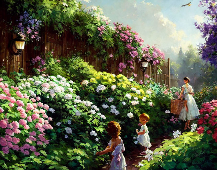 Colorful garden scene with blooming flowers, wooden fence, children, and woman with basket