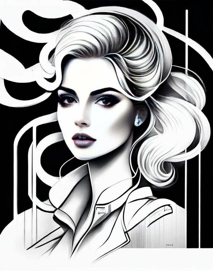 Monochrome illustration of woman with voluminous hair in trench coat