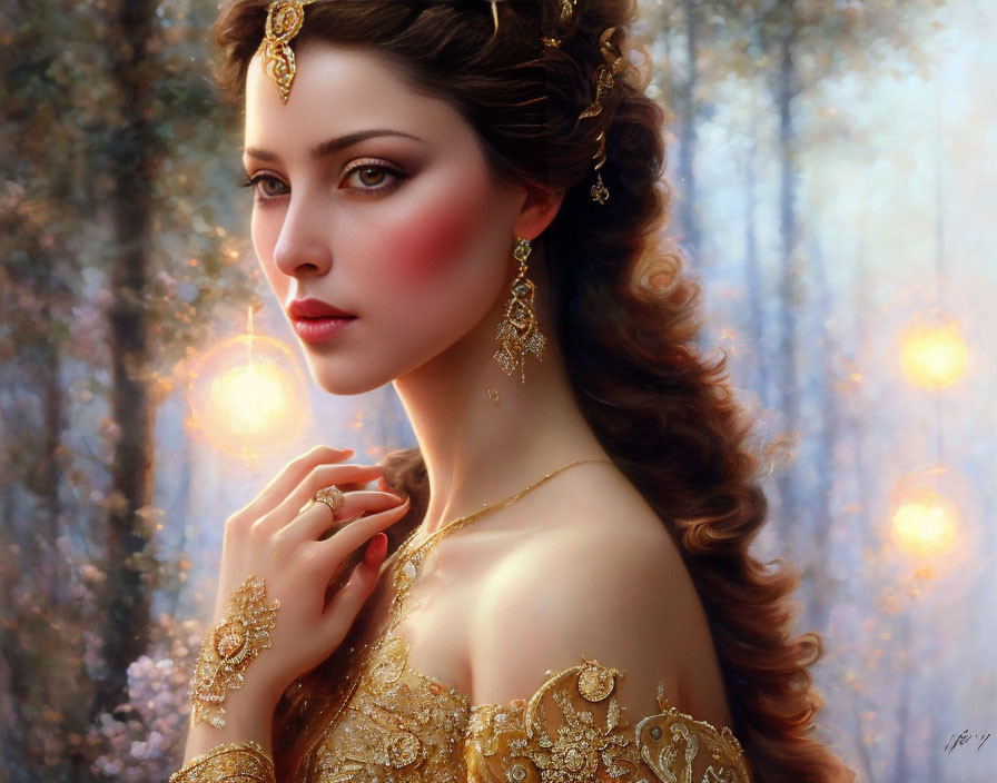 Illustration of elegant woman with rosy cheeks and golden jewelry in woodland setting