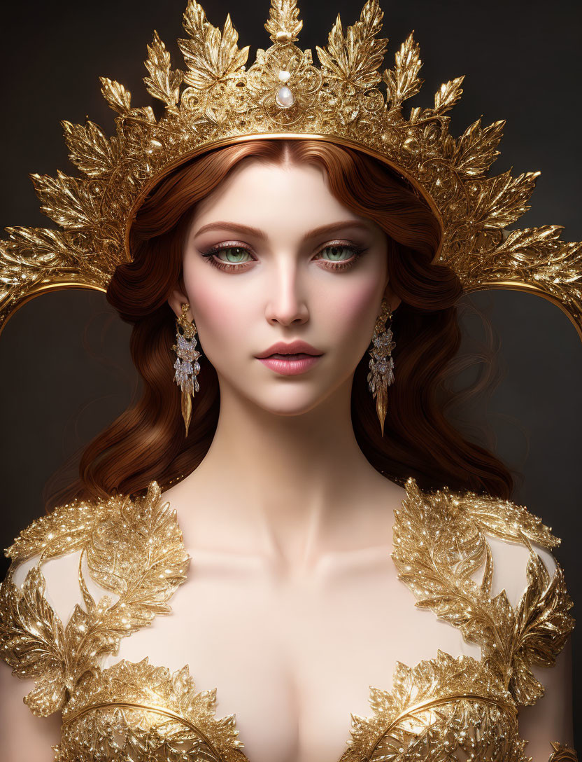 Regal woman with emerald green eyes and golden crown on dark backdrop