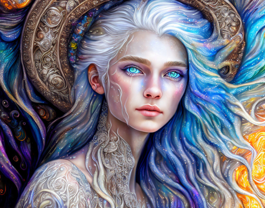 Silver-haired female figure with vibrant blue eyes in ornate swirling patterns