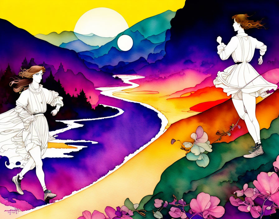 Stylized female figures running on colorful floral path towards mountain under yellow-purple sky