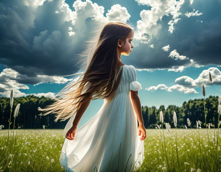 Young Girl in White Dress Standing in Field with Wind-Swept Hair under Dramatic Sky