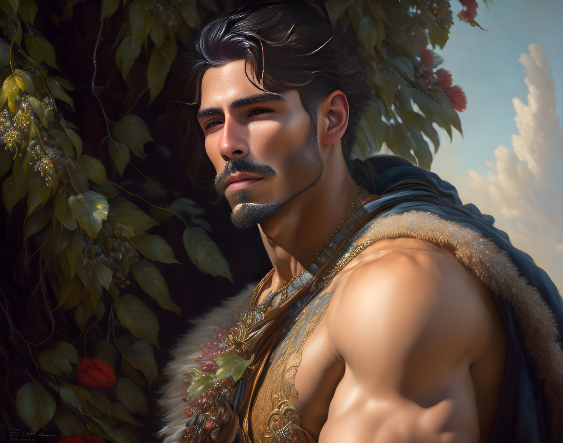 Fantasy male character with muscular build, fur-lined cloak, styled beard & mustache