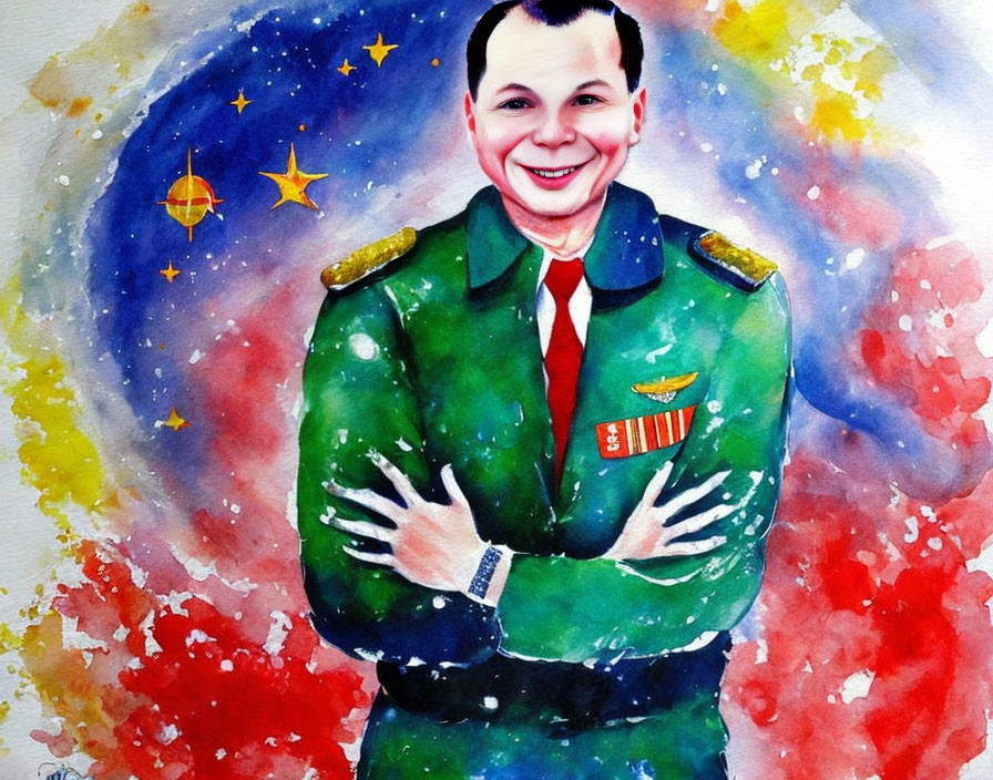 Vibrant watercolor portrait of a smiling person in military uniform