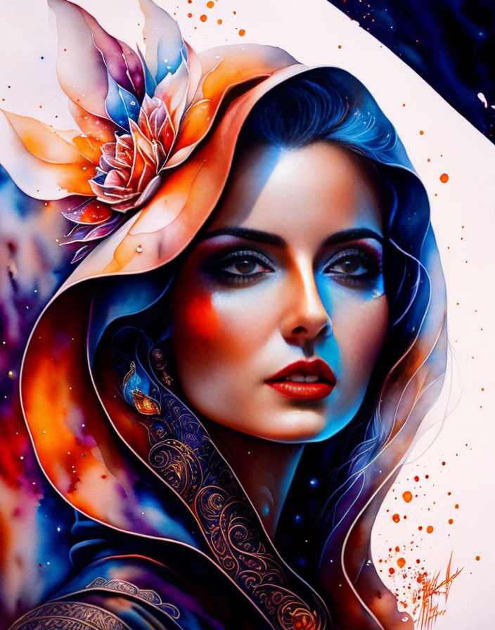 Colorful portrait of a woman with surreal floral design in hair