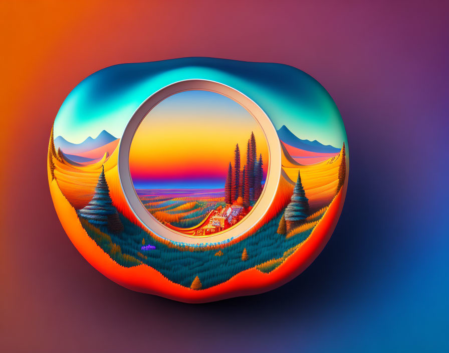 Vibrant circular landscape painting with mountains, trees, sunset sky, and village in orange frame